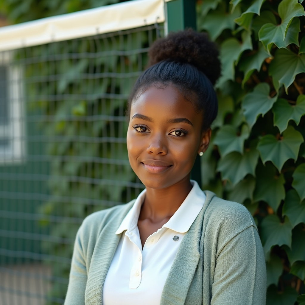 Preppy Country Club Tenniscore Portraits example: Photorealistic profile portrait photography, square avatar-style crop from the shoulders up with the subject framed agai