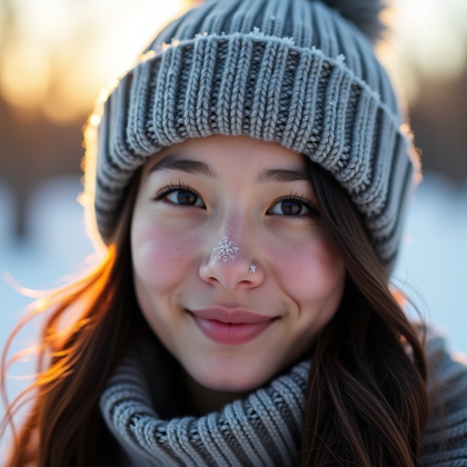 AI-generated photo: Photorealistic winter portrait photo shot outdoors at golden hour, a face turned slightly upward to ...