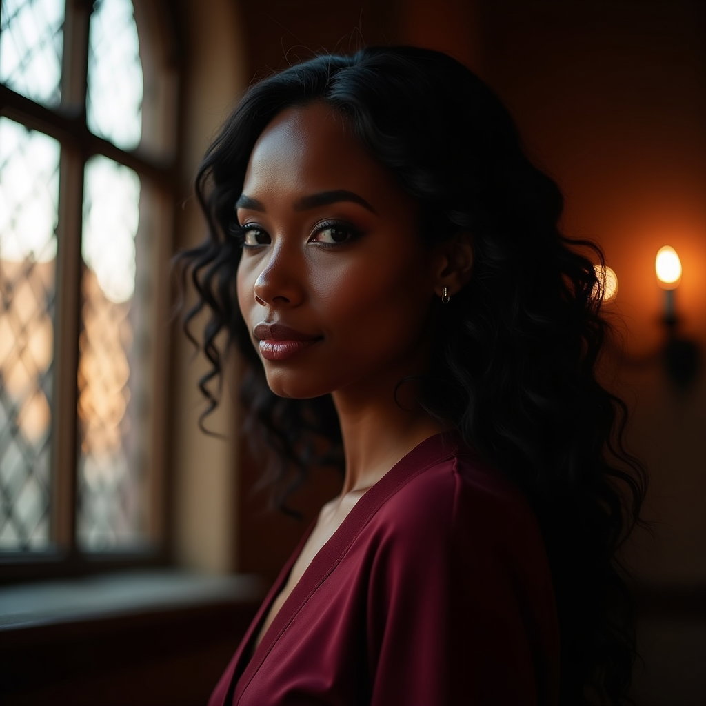 Gothic Window Silhouette Portrait example: Dating profile photo, close-up portrait framed against a tall Gothic arched window, with the face clearly visible throug