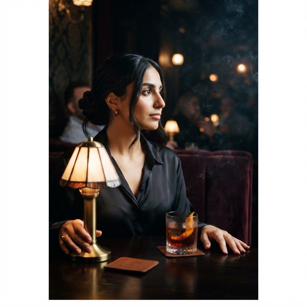 Smoky Bar Booth: Narrow vertical portrait in a smoky lounge booth, the subject seated close to the table with one hand resting near the lamp base and the…