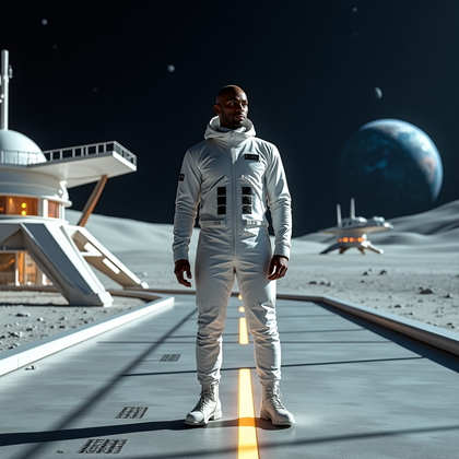 AI-generated photo: Professional hero portrait photography, a dramatic founder image on the moon base exterior viewing d...