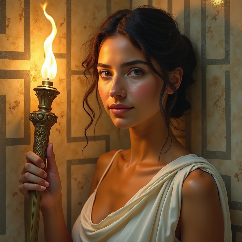 Solo Theseus Labyrinth Torch-Bearer Portrait example: Neoclassical oil painting, unexpected creative variation showing a solo Theseus-inspired torch-bearer in a labyrinth ren