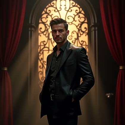 AI-generated photo: Photorealistic studio portrait on a theatrical backstage set as an ornate Art Nouveau grille gobo pa...