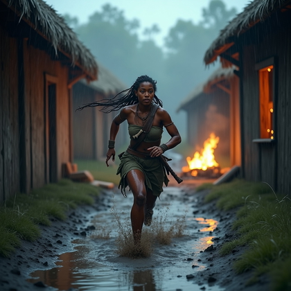 AI-generated photo: Photorealistic outdoor action photo: Inside a prehistoric timber palisade during a storm, the subjec...