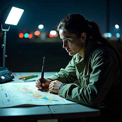 AI-generated photo: Photorealistic military field photography. At night under the harsh white glow of a portable floodli...