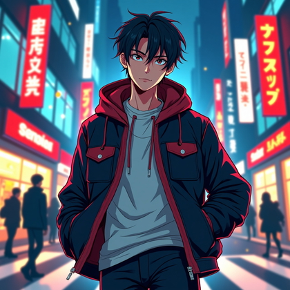 AI-generated photo: Anime illustration. A high-energy shonen-inspired character portrait in a fashion-meets-action style...