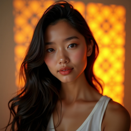 AI-generated photo: Photorealistic studio portrait photo, waist-up, relaxed posture with shoulders angled and chin sligh...