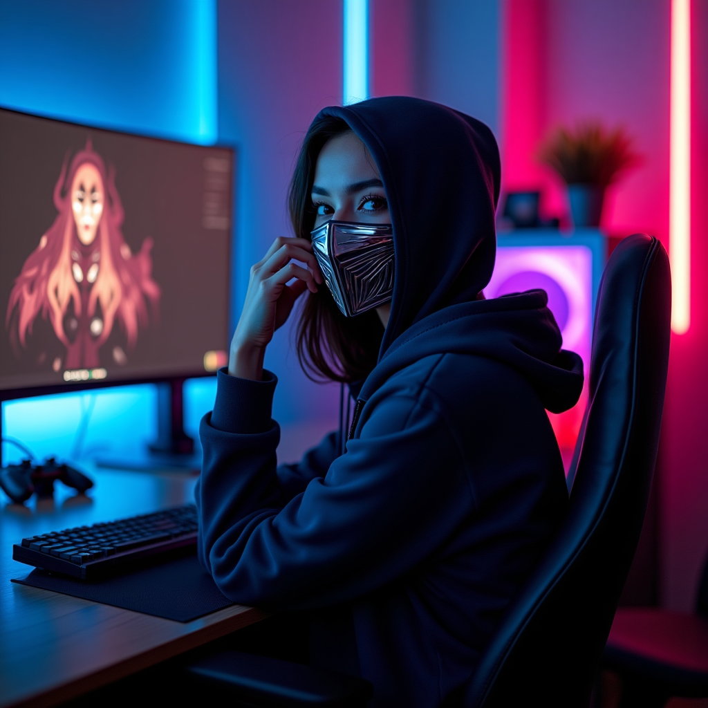 AI-generated photo: Photorealistic gaming avatar portrait photograph. The scene is set in a dark, atmospheric gaming den...
