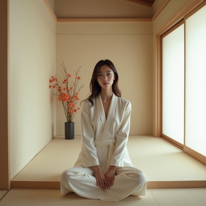 AI-generated photo: Fashion portrait photography, a minimalist zen-inspired portrait in a serene Japanese interior with ...