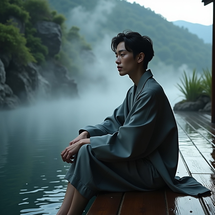 AI-generated photo: Photorealistic fashion portrait photography. A moody portrait beside a misty mountain onsen garden, ...