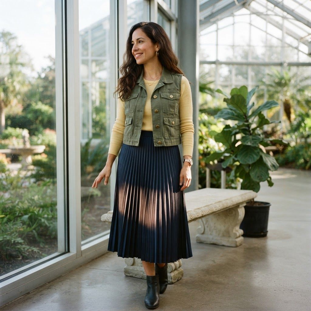 Layered Silhouette in a Glass Atrium: Three-quarter standing view beside a pale-stone bench inside a sunlit glass atrium.