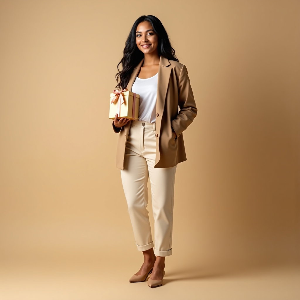 Minimal Studio Birthday Portraits With Clean Backgrounds example: Photorealistic studio portrait. Full-body birthday portrait on a seamless beige backdrop, with the subject standing in a