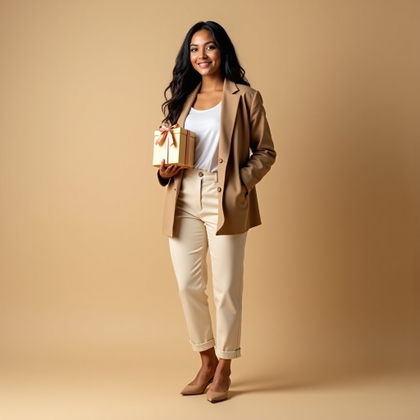 Minimal Studio Birthday Portraits With Clean Backgrounds example: Photorealistic studio portrait. Full-body birthday portrait on a seamless beige backdrop, with the subject standing in a