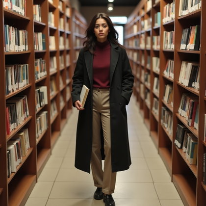 Minimal Modern Poetcore Portrait That Doesn’t Look Like a Costume example: Photorealistic portrait photography. Full-body portrait in a modern bookstore aisle, face clearly visible as the subject