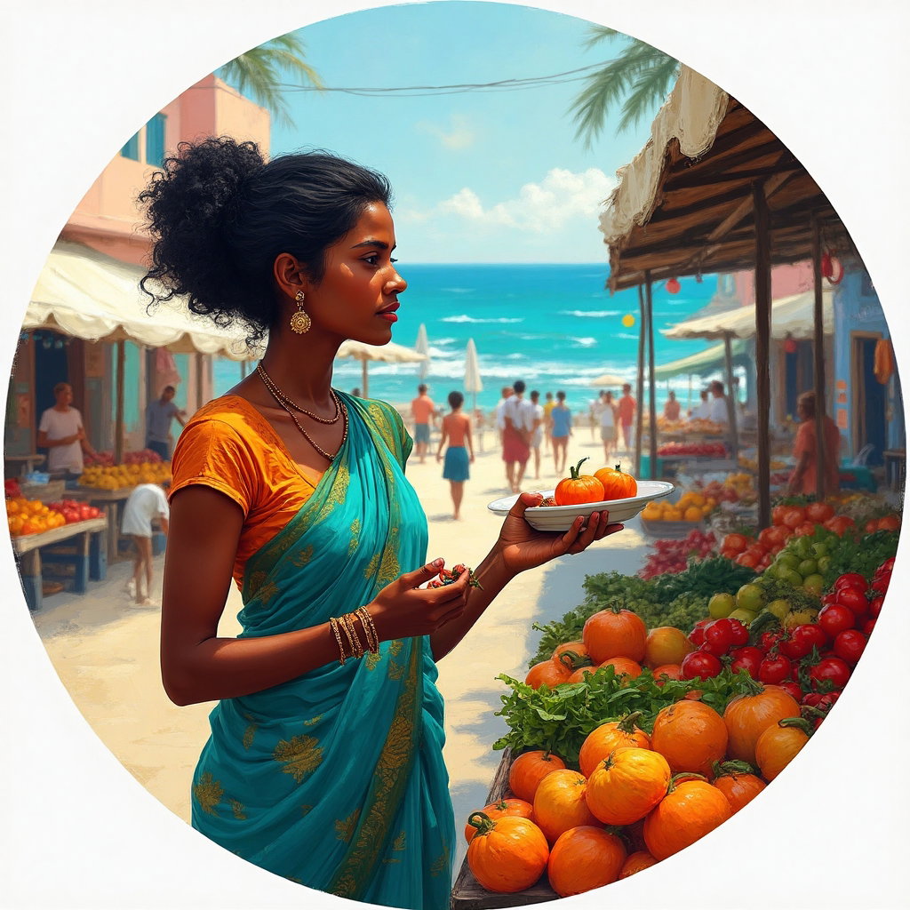 AI-generated photo: Post-Impressionist painting. A serene yet vibrant depiction of a local farmer's market in a coastal ...