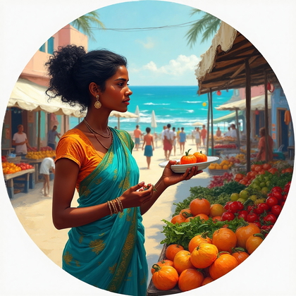 AI-generated photo: Post-Impressionist painting. A serene yet vibrant depiction of a local farmer's market in a coastal ...