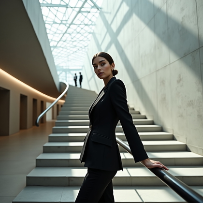 Photorealistic fashion portrait photo in a contemporary art museum atrium featuring a sweeping floating staircase, polished stone floors, and a vast skylight casting graphic shadows across the space. The subject wears a monochrome tailored suit with clean lines and a subtle sheen, pausing on a mid-landing with one hand lightly touching the rail and body angled toward the camera, chin lifted just enough to project poise and confidence. Crisp daylight drops from above while architectural lines converge behind, producing a striking, minimalist composition that frames the face clearly and draws attention to the outfit’s structure.