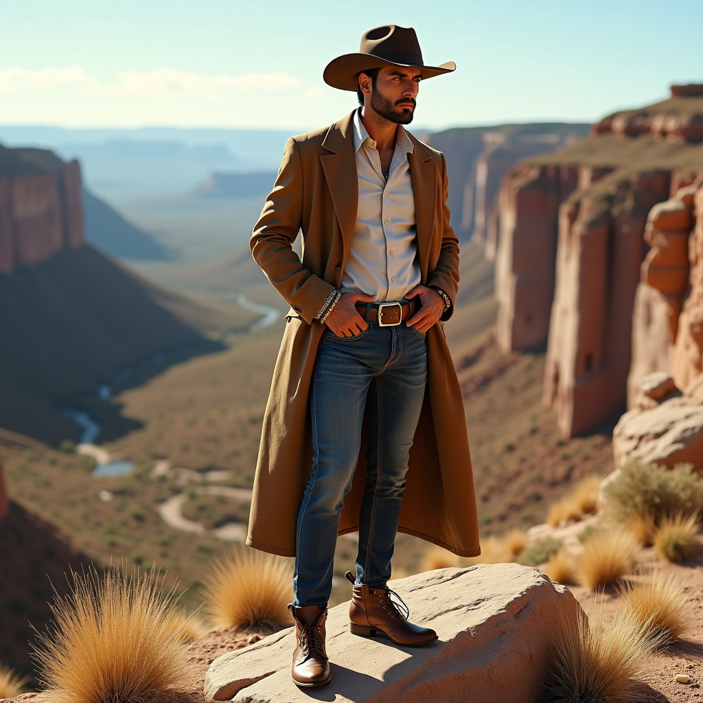 AI-generated photo: Photorealistic editorial cowboy fashion photography, a solitary cowboy is framed on a rocky overlook...