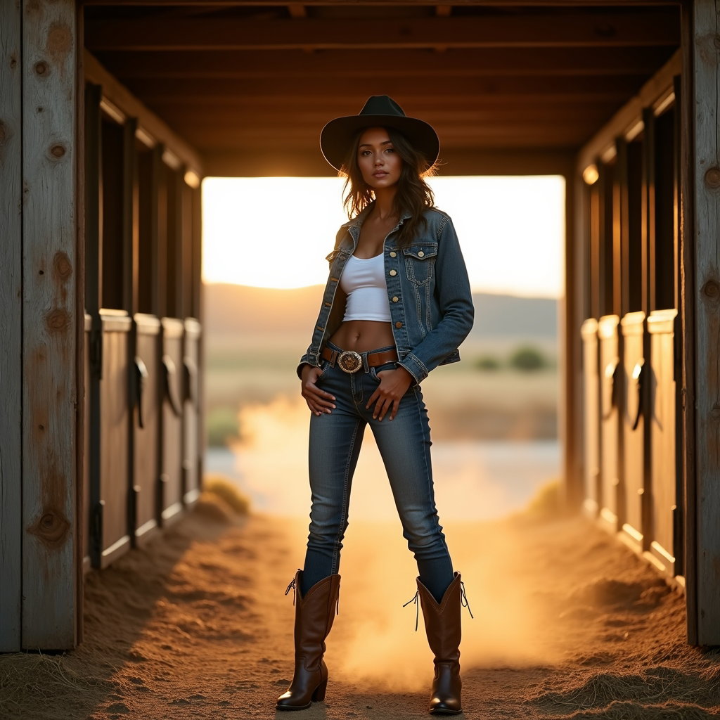 AI-generated photo: Photorealistic fashion portrait photography. A high-impact cowboy fashion image staged at a stable e...
