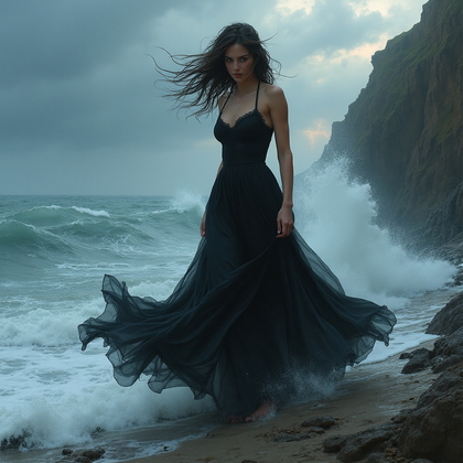AI-generated photo: **Gothic digital painting.** Amidst a stormy seaside cliff, a woman stands defiantly against the rag...