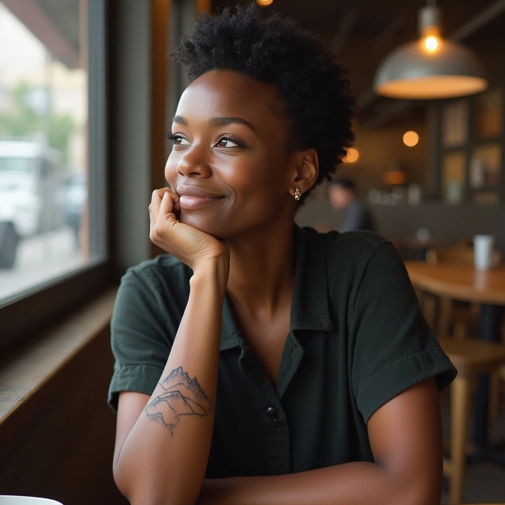 AI-generated photo: Photorealistic photography portrays a woman in a chic coffee shop, casually resting her chin on her ...
