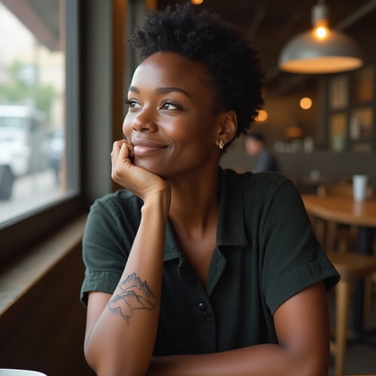 AI-generated photo: Photorealistic photography portrays a woman in a chic coffee shop, casually resting her chin on her ...