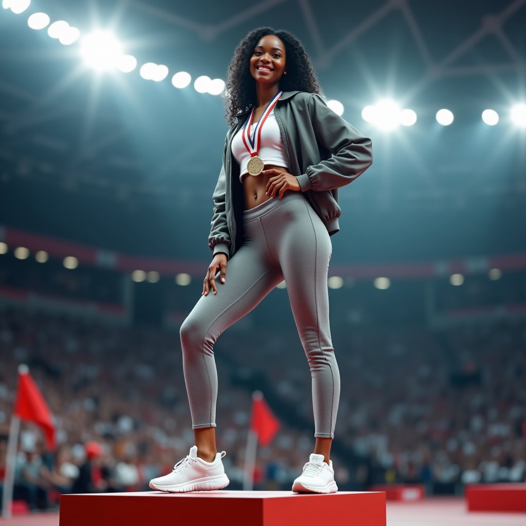 AI-generated photo: Photorealistic fashion photography, full-body shot of a subject on the highest podium block in a con...