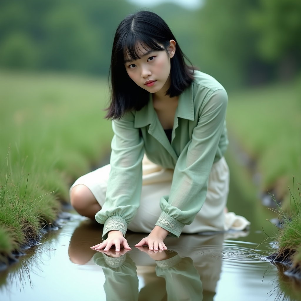 Reflet au bord du ruisseau : composition contemplative avec reflets, prise depuis l’autre rive d’un ruisseau peu profond, avec une seule personne visible agenouillée sur la berge herbeuse, l’eau remplissant la moitié inférieure…