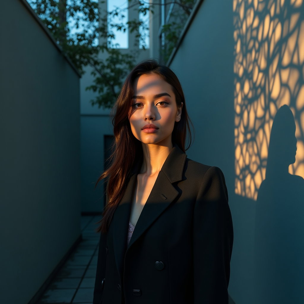 AI-generated photo: Photorealistic portrait photography. Blue-hour courtyard with a perforated metal screen casting intr...