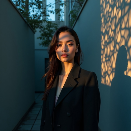 AI-generated photo: Photorealistic portrait photography. Blue-hour courtyard with a perforated metal screen casting intr...