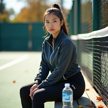 Photorealistic sports-lifestyle portrait on a freshly painted outdoor tennis court with bold white lines and taut netting, subject seated on the courtside bench leaning forward with elbows resting lightly on thighs, racket balanced across the lap and a bottle of water at the feet, athletic warm-up jacket unzipped over fitted activewear, direct eye contact with a self-assured, competitive expression; face fully visible and cleanly lit. Early-morning sun creates crisp shadows from the chain-link fence while a soft fill from the bright court surface opens the midtones; scattered fallen leaves add texture at the edges. Composition anchors the subject on the lower third with leading lines from the baseline and net drawing the viewer into the portrait.