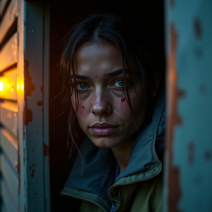 Sunrise Aftermath Final Girl Portrait example: Cinematic horror portrait photo, tight close-up of a survivor framed in a weathered cabin doorway at sunrise, face clear