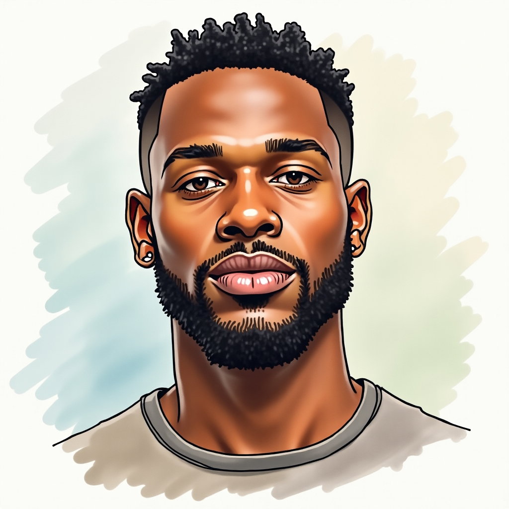 AI-generated photo: Watercolor caricature painting. A tightly composed, head-and-chest frontal portrait sits over a soft...