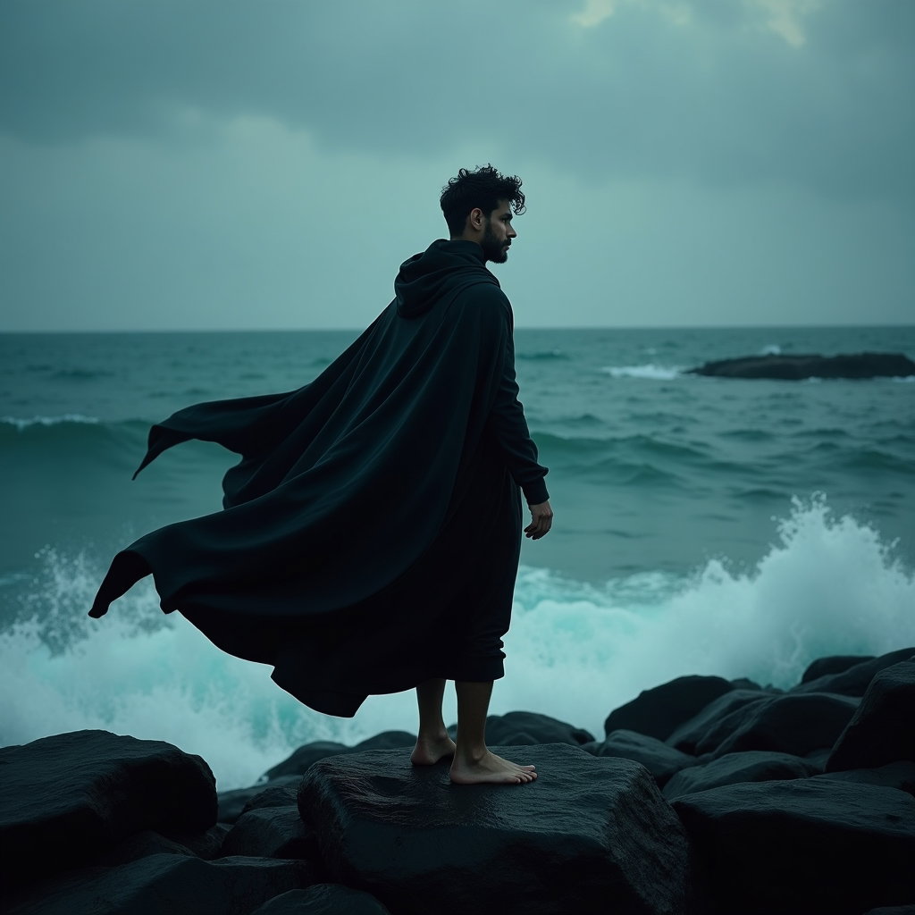 Solo Odysseus Storm Survivor Portrait example: Cinematic mythological portrait photography, a full-body portrait of a solitary storm survivor standing barefoot on blac