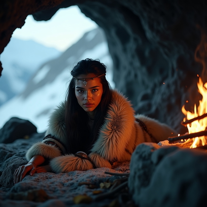 AI-generated photo: Photorealistic fashion-editorial photography at the mouth of a mountain cave with snow beyond and a ...