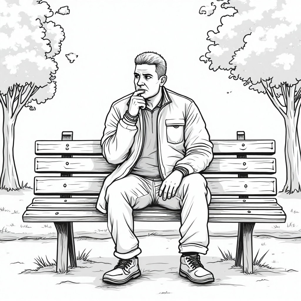 AI-generated photo: **Line Art** illustration depicting a person seated on a park bench, surrounded by the minimal outli...