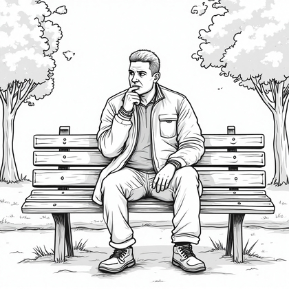 AI-generated photo: **Line Art** illustration depicting a person seated on a park bench, surrounded by the minimal outli...