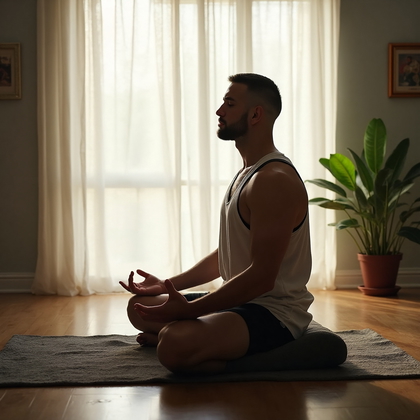 AI-generated photo: Photorealistic photography capturing a UFC fighter in a meditation posture beside a large window wit...
