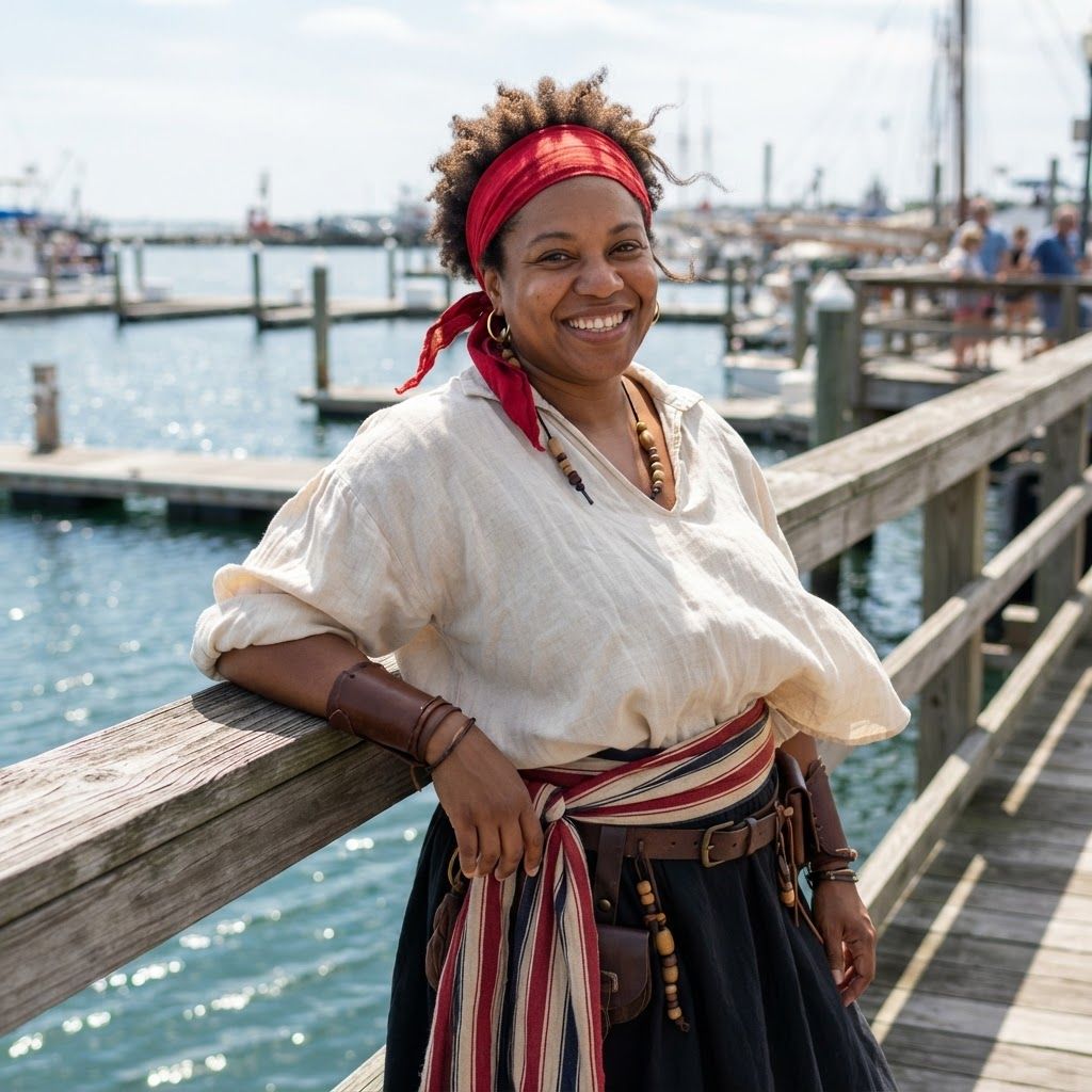Sunlit Pirate at the Harbor: Candid waist-up Halloween pirate portrait on a sunny wooden pier.