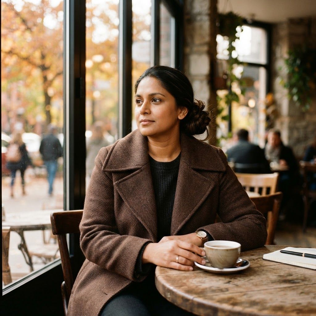 Oversized Collar at a City Café: Waist-up portrait seated at a round café table near tall windows.