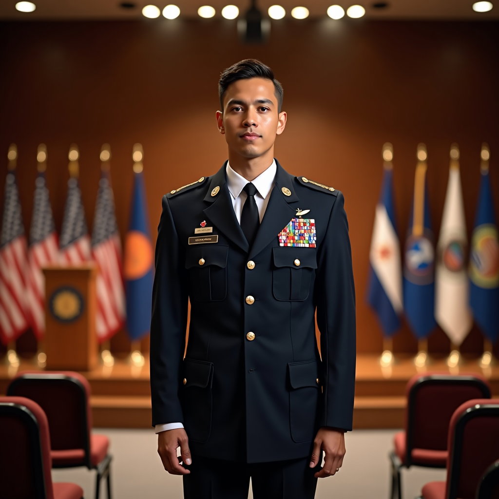 AI-generated photo: Photorealistic indoor ceremony portrait photography. The subject is centered in the frame, captured ...