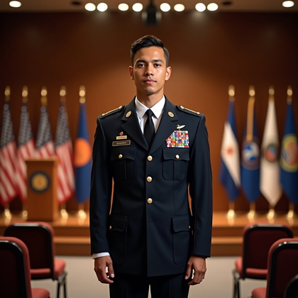 AI-generated photo: Photorealistic indoor ceremony portrait photography. The subject is centered in the frame, captured ...