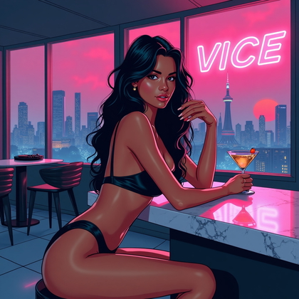 AI-generated photo: Cel-shaded key art illustration — luxury penthouse lounge at dusk with floor-to-ceiling glass and a ...