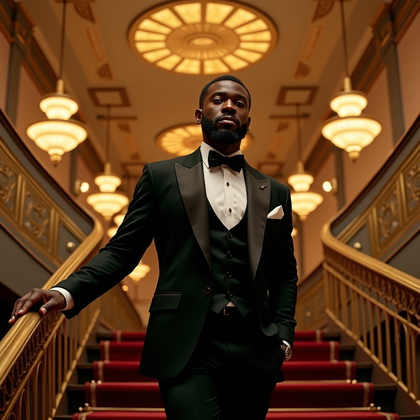 Photorealistic portrait in a grand Art Deco theater lobby featuring a sunburst ceiling medallion, stepped geometric moldings, and gilded sconces, captured mid-descent on a sweeping staircase with one hand gliding along a polished brass banister and chin angled toward the camera for intentional eye contact. Multi-tier chandeliers deliver a warm, opulent key while hidden aisle lights add a subtle underglow to the steps, and a cool ambient wash from foyer doors provides separation from the background. The wardrobe is refined eveningwear with precise tailoring and luxurious textures that catch controlled specular highlights without overpowering the face. Composed as a three-quarter portrait on a diagonal, the railings create elegant leading lines that converge at the subject’s gaze for a striking, glamorous presence.