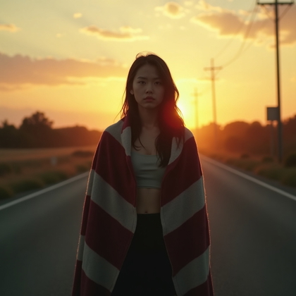 Sunrise Aftermath Final Girl Portrait example: Cinematic horror portrait photo, full-body composition on an empty two-lane road leading into a glowing sunrise, the sub
