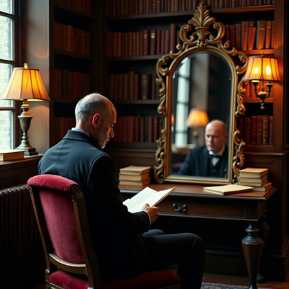 Mirror Reflection Poetcore Portrait With a Handwritten Letter example: Photorealistic portrait photography, an environmental poetcore portrait in a quiet old library corner, with the subject