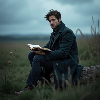 Windblown Meadow Poet Portrait With a Long Coat example: Photorealistic portrait photography. Environmental meadow portrait with the subject seated on a low stone or fallen log,