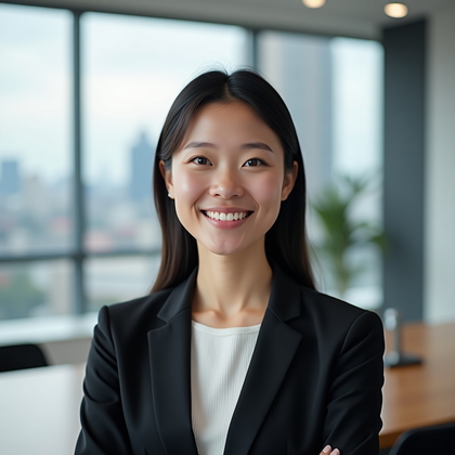 AI-generated photo: Professional headshot photo set in a minimalist conference room with a blurred skyline through floor...