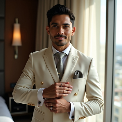 AI-generated photo: Photorealistic wedding photography in a modern hotel suite with floor-to-ceiling windows, the subjec...