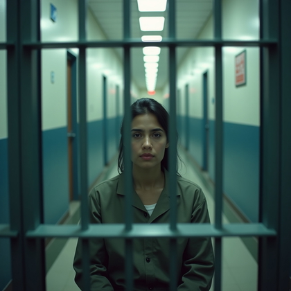 AI-generated photo: Photorealistic prison photography. The camera is positioned low on the floor of a visitation booth, ...